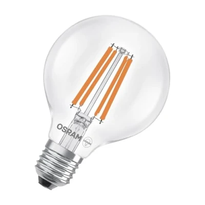 Image of Osram Classic Globe Shape, with Decorative LED Filament, Energy Efficiency Class A, E27, 5 W, 1055 lm, 4000 K, Cool White, Without Heating, 100% immediate Illumination.
