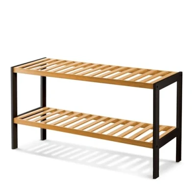 Image of KEPLIN 2 Tier Natural Bamboo Shoe Rack Easy Assembly &amp; Strong Design Stand Shelf Organiser Ideal for Corridor,Bedroom,Bathroom,Hallway Small Spaces Large Capacity (2 Tier, Black/Natural)