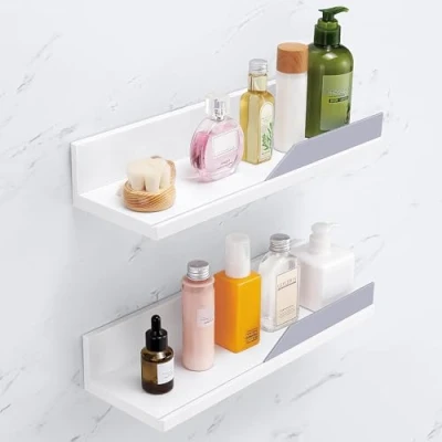 Image of YOHOM Adhesive White Floating Shelves Bathroom Wall Organizer Shower Caddy No Drilling Display Ledge Shelf Rack for Home Decor 2PCS