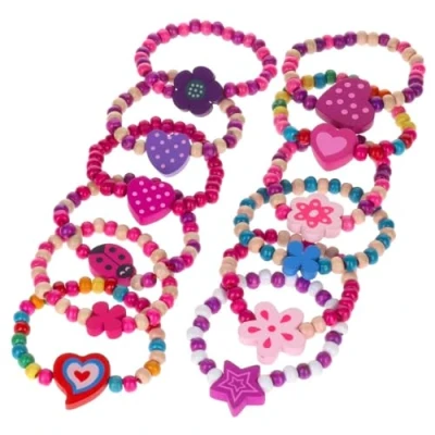 Image of MVS Wholesale 12 x Eco Friendly Assorted Designs and Colours Of Wooden Princess Bracelets, Ideal Party Bag Fillers Favours, Pinata Prizes, Goody Bags Etc, Multicoloured (WOODB01)