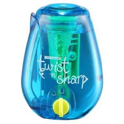 Image of Bostitch Office Pencil Sharpener Twist N Sharp Colored Manual Small Sharpeners Hand Held, 1 Pack, Covered, BLUE Portable Handheld with Cover, PS1 EC