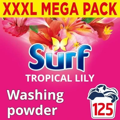 Image of Surf Tropical Lily Washing Powder joy infused fragrance with natural essential oil lasting up to 12 hours in wear for brilliantly clean laundry every time 125 washes 6.25 kg