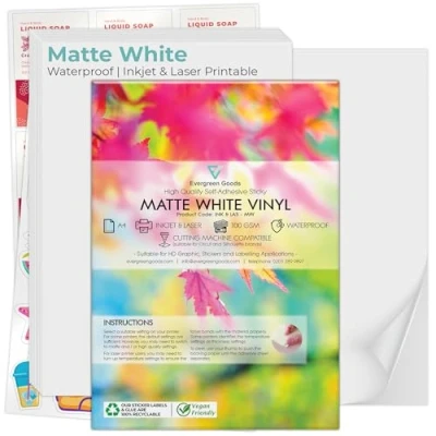 Image of Evergreen Goods 100 Sheets Premium Self Adhesive Matt White Waterproof A4 Vinyl (PVC) Sticker Quality Inkjet Laser Printable