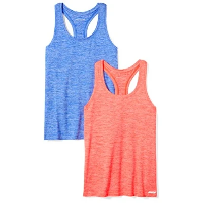 Image of Amazon Essentials Women&#039;s Tech Stretch Racerback Tank Top (Available in Plus Size), Pack of 2, Coral Orange Space Dye/Light Blue Dye, M