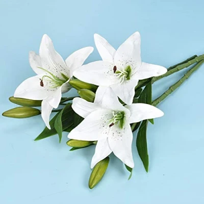 Image of SJDWDX 3PCS Artificial Flowers Tiger Lily Bouquet Real Touch Fake Flowers, 36cm Faux with Greenery Plastic Lilies Arrangement for Home Wedding Restaurant Office Decor White
