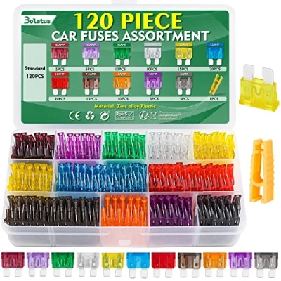 Image of Bolatus 120Pcs Car Fuses Standard Blade 2A 3A 5A 7.5A 10A 15A 20A 25A 30A 35A 40A Automotive Replacement for Caravan Motorcycle Truck RV+ Fuse Puller