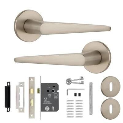 Image of Decoranddecor Satin Nickel Door Handles Internal Aluminium Handle Sets Brushed for Wooden Interior Doors with Lock and Keys Terra Range