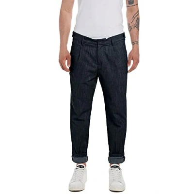 Image of REPLAY Men&#039;s M9815 Comfort Slub Micro Herringbone Pants, Blue 020, 32W / 30L