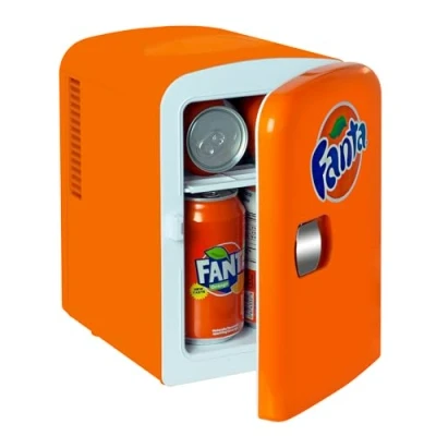 Image of Coca Cola Fanta Mini Fridge For Bedrooms 4L Small 6 Can Table Top Quiet Fridges Skincare Food Drinks Kids Home Car &amp; Travel 12v Portable Cooler Warmer Refrigerator, Orange