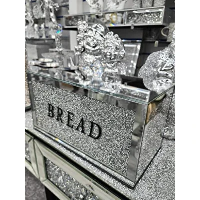 Image of Biznest XL Silver Crushed Diamond Crystal Mirrored Bread Bin Container sparkly glitter Bling 35cm