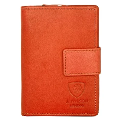 Image of J. Wilson London Ladies RFID Safe Designer Leather Purse Card Women Wallet Zip Pocket Boxed (Orange)