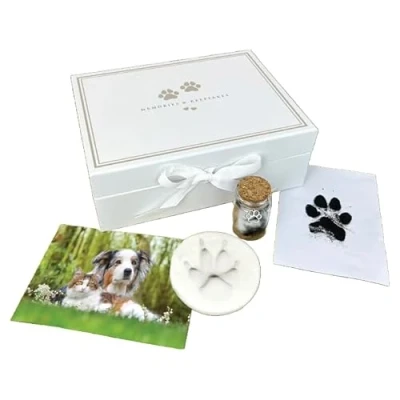 Image of Pet Keepsake Kit Memory Box, Clay Paw Print Impression, Fur Bottle, Ink Pad Lovers Gift Non Toxic Easy to Use &amp; Collection W22cm x L17cm H8cm