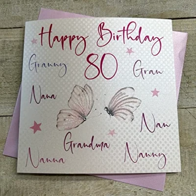 Image of WHITE COTTON CARDS nanna,nan,nana,gran,granny,nanny,grandma, Happy 80&quot; Handmade 80th Birthday Card, White, wb125 80,16cm x 16cm