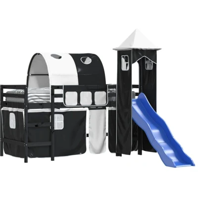 Image of vidaXL Kids&#039; Loft Bed with Tower and Slide Solid Pine Wood, White/Black, 80x200 cm, Fun Indoor Playground for Children&#039;s Bedroom