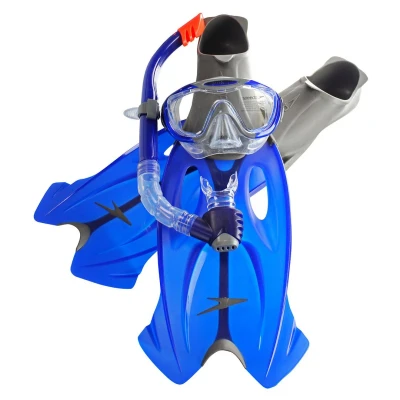 Image of Speedo Unisex Adult Glide Mask, Snorkel &amp; Fin Set, Grey/Blue, 12 13 UK (45 46 EU)