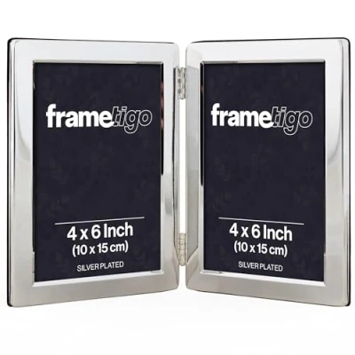 Image of Frametigo Silver Plated Flat Edge Double Photo Frame Fits Size 4&quot;x6&quot; (10x15cm)
