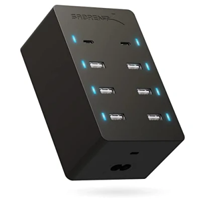 Image of USB C fast Charger 100 Watt 8 ports (6 type A + 2 ports) with power supply, Multi charging station, Wall for laptops, iPhone, Samsung Galaxy, etc (AX ADPD)
