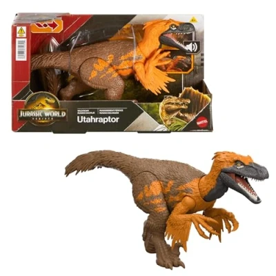 Image of ​Mattel Jurassic World Rebirth Wild Roar Utahraptor Dinosaur Toy with Tail Controlled Chomp Multi Direction Attack &amp; Sound, Posable Digital Play, JGC80