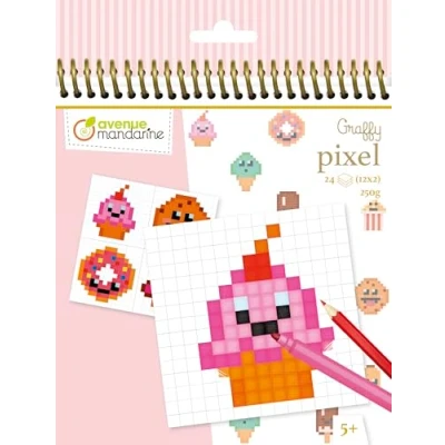 Image of Avenue Mandarine Ref GY099C Graffy Pixel Colouring Book Kawaii Sweets Art, 250gsm Drawing Paper, 12 Designs, 24 Squared Sheets, Spiralbound