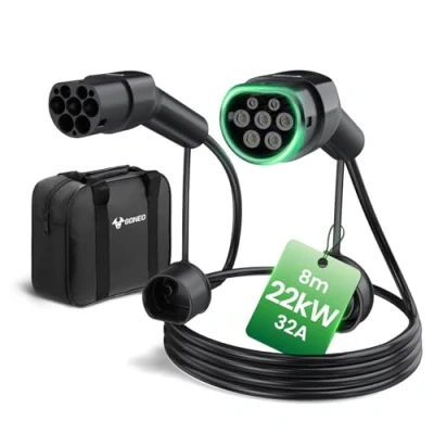 Image of GONEO Type 2 Charging Cable, 22KW 32A 8M 3 Phase Mode EV to Fast for Electric Vehicle Car Plug in Hybrid Model S/X/Y/3,i3,Kuga, Ionic, ZS, Kona