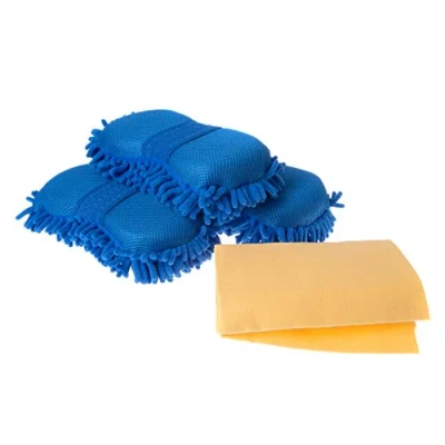 Image of Silvergent Car Wash Cleaning Sponge Mitts 3 Pack, Microfibre Chenille, Complete with Automobile Chamois Cloth