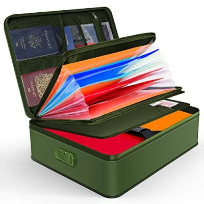 Image of JUNDUN Fireproof Document Box, Waterproof and Storage,Portable Home Fire Safe Storage Box Case with Lock for Documents,Deed Birth Certificate Green