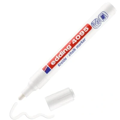 Image of edding 4095 chalk marker white 1 pen round nib 2 3 mm medium wet wipe for chalkboards, windows, glass, mirrors liquid pens opaque coverage