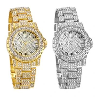 Image of JewelryWe Men Women Watches Stylish Rhinestone Round Quartz Watch Gold Plated Stainless Steel Wristwatch for Fathers Day
