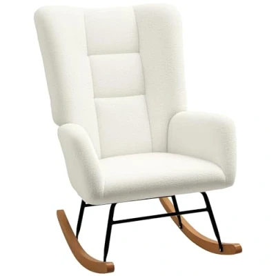 Image of HOMCOM Rocking Chair, Teddy Upholstered Accent Modern Armchair with Wide Backrest and Rubberwood Base for Living Room, Bedroom, Cream White