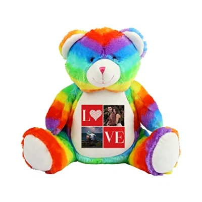 Image of Getagift Valentines day Personalised Love Collage Any Image Birthday Anniversary Boyfriend, Husband, Wife Soft Toys, Teddy Bear. (Rainbow Bear)