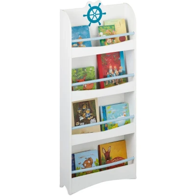 Image of Relaxdays Children&#039;s Bookcase, 4 Narrow Compartments, MDF, Maritime Design Shelf, HWD: 124 x 50.5 15 cm, White/Blue, Fibreboard