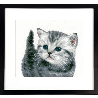 Image of Vervaco Cross Stitch Kit, Cotton, Grey Tiger Kitten On Aida (14 Count), 21 x 20cm