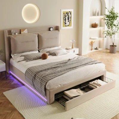 Image of Merax 5ft LED Upholstered Bed 150x200cm Double Bed,Hydraulic Storage with 2 in 1 End Drawers,Recessed Lights,Adjustable Feet,Slatted Frame Velvet Beige Without matress