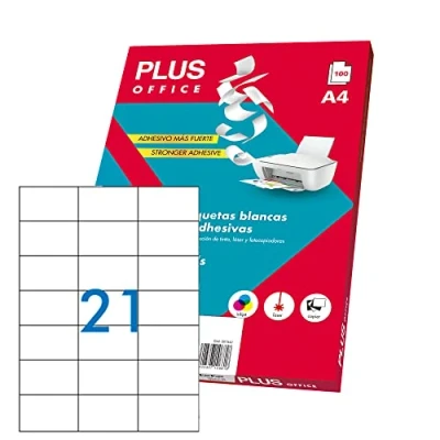 Image of Plus Office Self Adhesive White Labels for Printing, 100 Sheets of Sticker Paper on A4 Inkjet Printers, Laser and Photocopiers, 21 per Sheet (70 x 42 mm)