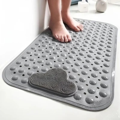 Image of Idyfodol Shower Mat Non Slip Anti Mould With Foot Massage and Suction Cups PVC Machine Washable Bath Mats for Inside Outside (Polyvinyl Chloride, Grey)