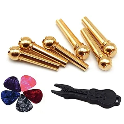 Image of Alnicov 6 Pieces Brass Guitar Bridge Pins Endpin with Pin Puller Remover &amp; 5 Picks for Strings Acoustic