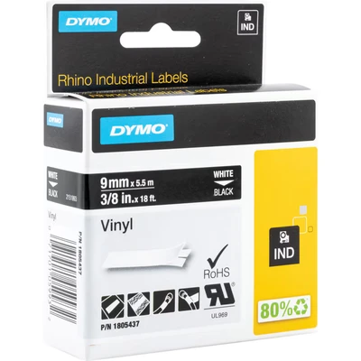 Image of DYMO Rhino Industrial Vinyl Labels 9 mm x 5.5 m White Print on Black Self Adhesive for LabelManager &amp; Label Makers