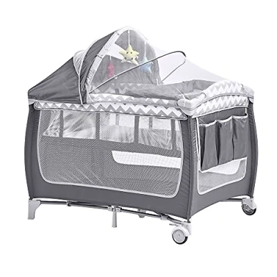Image of NICEME Travel Bed for Baby, Portable Baby Playpen With Entryway, Infant Toddler Bed, Folding Cot bag (Grey/White, Changing Table) BB 1