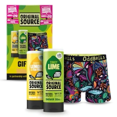Image of Original Source x Oddballs Gift Set, Lime Shower Gel, Lemon &amp; Tea Tree Boxers, Gifts for Men, Birthday Gift, 100 Percent Natural Fragrance, Vegan, Cruelty Free