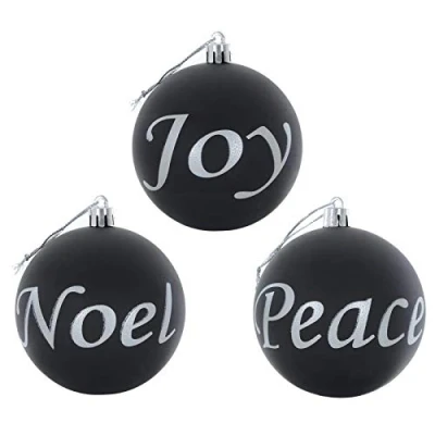 Image of Mr Crimbo Pack of 6 Peace Joy Noel Christmas Tree Baubles 8cm Black/Silver