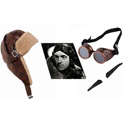Image of ILFD 1920s Fighter Pilot Aviator Cap, Goggles &amp; Moustache Set
