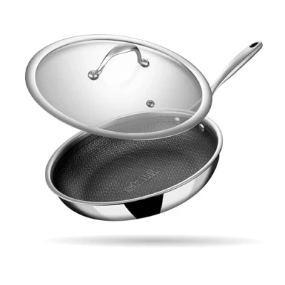 Image of Stahl Triply Stainless Steel Non Stick Pan Frying with Lid Fry Induction BaseScratch Resistant Hybrid 6424, Dia 24 cm, 1.8L (Serves 6 People)