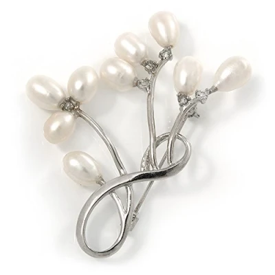 Image of Avalaya Cream Coloured Freshwater Pearl Floral Brooch in Rhodium Plated Metal 55mm L