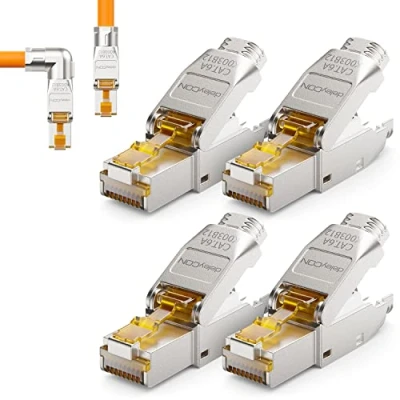 Image of deleyCON 4x CAT 6a Network Connector 90 Angle RJ45 Tool Free Shielded 10Gbit/s for Raw Cable Installation Plug Ethernet LAN DSL Patch