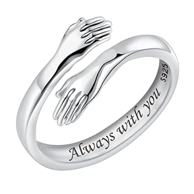 Image of 925 Sterling Silver Hug Rings for Women, I Love You Forever Mother Gift Sister Gifts Engraved Words Hugging Hands Open Ring Friendship Jewelry (Always with you)