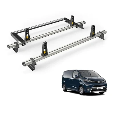 Image of Van Guard Roof Rack for Toyota ProAce 2016+ 2 Aluminium Bars, Rear Ladder Roller with Loadstops [Note: Only Suitable &#039;Compact&#039; Models Twin Doors.] UltiBar Plus VG334 2/VGR 09