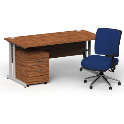 Image of Impulse 1800 Silver Cant Desk Walnut + 2 Dr Mobile Ped &amp; Chiro Blue
