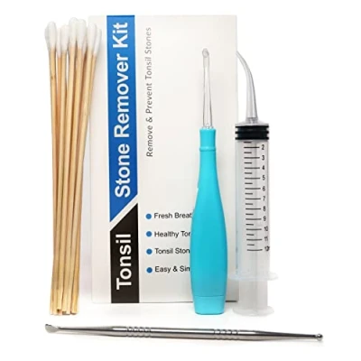 Image of Tonsil Stone Remover Kit Led Pick Tool, Stainless Steel Pick, Cotton Swabs, and Curved Syringe