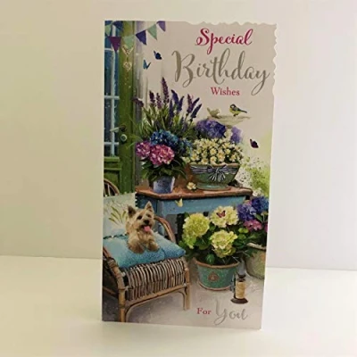 Image of Jonny Javelin Special Birthday Wishes Just for You Card Puppy On Chair Flowers