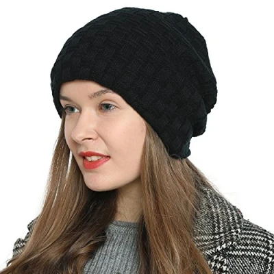 Image of DonDon Beanie hat Women Winter Long Slouch Knit Knitted with Fleece Lining Black